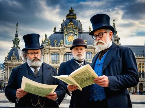 Victorian-era inspired, Art Nouveau style architects, men, mature, bearded, glasses, suits, waistcoats, top hats, holding blueprints, standing in front of grand buildings, intricate ironwork, ornate s