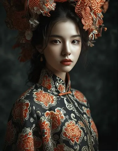 a woman wearing a floral decorated head piece,japanese doll,hanbok,maiko,geisha girl,geiko,the japanese doll,female doll,geisha,vintage doll,oiran,japanese woman,geishas,artist doll,handmade doll,flor