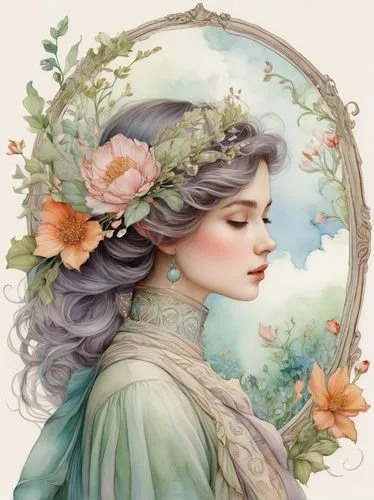 girl in a wreath,floral wreath,rose wreath,faery,wreath of flowers,blooming wreath,faerie,green wreath,rosa 'the fairy,fairie,floral silhouette wreath,victorian lady,peignoir,flower wreath,fairy queen,persephone,watercolor wreath,fantasy portrait,flower fairy,eglantine,Illustration,Realistic Fantasy,Realistic Fantasy 06