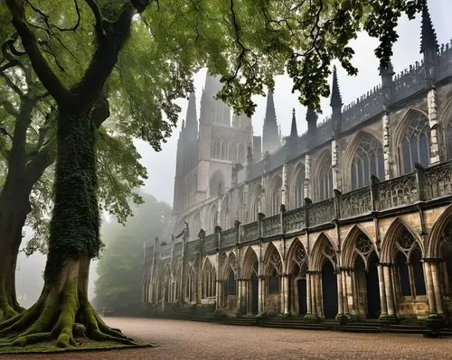 British Gothic architecture, grand cathedral, intricate stone carvings, pointed arches, ribbed vaults, flying buttresses, stained glass windows, ornate decorations, dramatic lighting, misty atmosphere