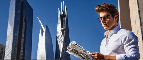 Modern architect, standing, confident pose, blueprints in hand, glasses, messy brown hair, casual white shirt, dark blue jeans, black sneakers, holding a model of a futuristic skyscraper, cityscape ba