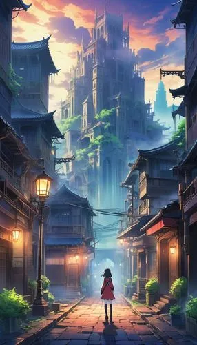 meteora,fantasy city,monogatari,cloudstreet,aurora village,violet evergarden,Illustration,Japanese style,Japanese Style 03