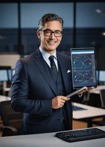 Cisco 642-874 CCDP, architect, standing, confident pose, mature male, suit, tie, glasses, short black hair, professional makeup, smiling, holding a tablet, pointing to a Cisco router, Cisco switches, 