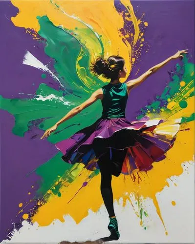 In vibrant hues of golden, purple, and green, a canvas explodes with a dazzling array of colors as the artist creates a masterpiece. The canvas explodes with vibrant hues of modern pop art, filled to 