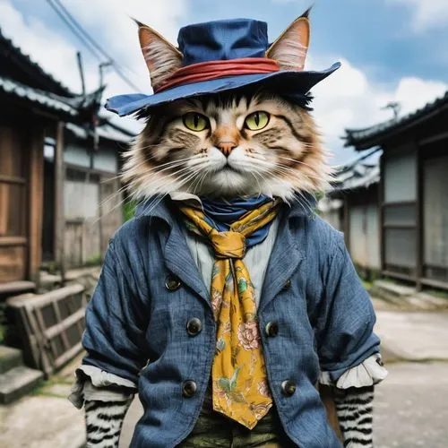 一只猫扮成男人穿着破烂衣服,street cat,vintage cat,worldcat,cat sparrow,catman,tabby cat,cat warrior,red tabby,cat image,orange tabby cat,alley cat,stationmaster,breed cat,cat look,kitterman,wild cat,citycat,godot,