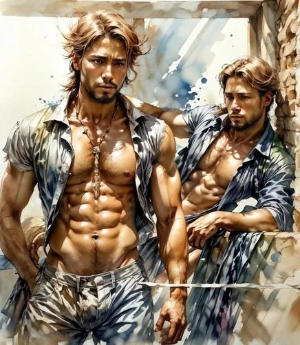 tarzan,warrior and orc,water fight,predators,sailors,forest workers,two lion,guards of the canyon,musketeers,fishermen,poseidon,digital painting,two wolves,world digital painting,watercolor background,gladiators,pair of dumbbells,construction workers,greek gods figures,water color