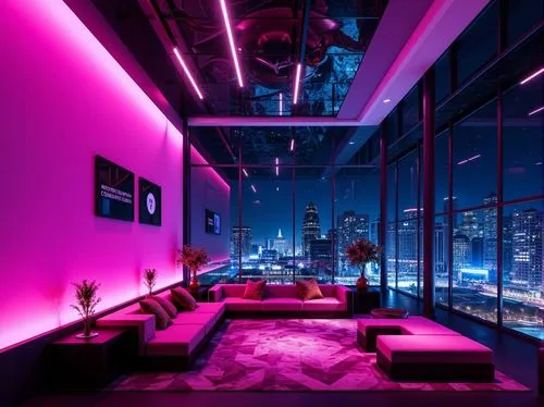 colored lights,great room,sky apartment,apartment lounge,loft,yotel,nightclub,penthouses,livingroom,sleeping room,skyloft,modern room,living room,purple and pink,neon lights,nightlife,dreamhouse,modern decor,dark pink in colour,purple wallpaper