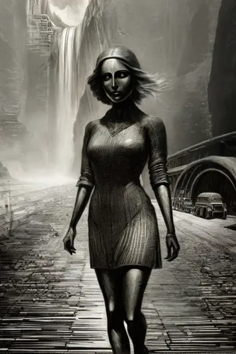 woman walking,the blonde in the river,sorceress,girl walking away,vampira,sci fiction illustration,fantasy woman,woman at the well,girl on the river,fantasy picture,celtic woman,heroic fantasy,the enchantress,tiber riven,tour to the sirens,charcoal drawing,skogafoss,fantasy art,dark elf,femme fatale