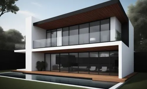 exterior rendering modern design using black and white colors and wood and glass   ,a white modern house with swimming pool in front,3d rendering,sketchup,revit,modern house,render,renders