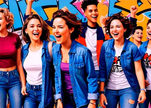 Multiple people, crowd scene, different ages, genders, emotions, detailed facial expressions, varied hairstyles, casual clothing, jeans, t-shirts, sneakers, bags, accessories, shouting, laughing, chee