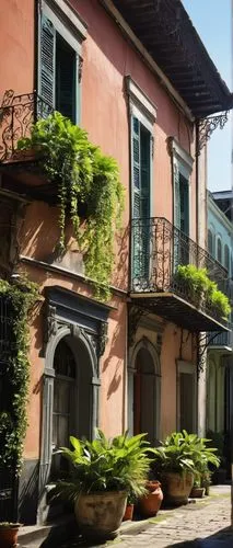 Old, worn, architectural salvage, New Orleans, French Quarter, historic building facade, distressed wooden doors, ornate ironwork balconies, vintage shutters, rusty metal roofing, crumbling brick wall