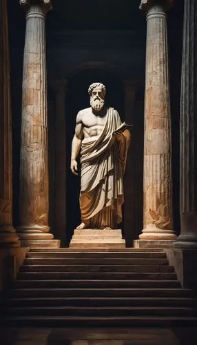 Ancient Greek temple, Doric columns, intricately carved stone walls, ornate frescoes, majestic entrance, solemn atmosphere, philosopher, Plato, Aristotle, Socrates, white toga, beard, wise eyes, holdi