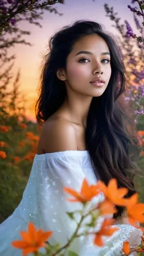 girl in flowers,autumn background,beautiful girl with flowers,pilipina,orange blossom,flower background