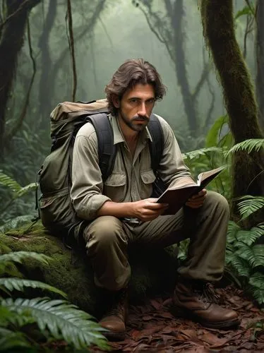 Male researcher, mature, khaki clothing, rugged boots, backpack, binoculars, notebook, pen, serious facial expression, intense eyes, messy brown hair, Amazon rainforest, dense foliage, vines, giant tr