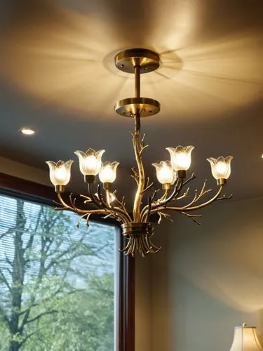 6 light twig semi flush with glass flowers finish in antique brass wrap in wires,this is an image of a chandelier in a bedroom,ceiling lamp,ceiling light,ceiling lighting,halogen spotlights,chandelier