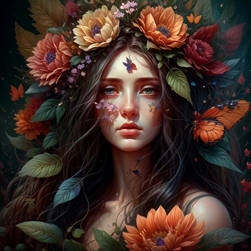 girl in flowers,girl in a wreath,wreath of flowers,elven flower,floral wreath,beautiful girl with flowers,blooming wreath,flower crown,flora,kahila garland-lily,falling flowers,fallen petals,flower fairy,faery,flower girl,mystical portrait of a girl,flowers fall,fantasy portrait,fallen flower,dryad