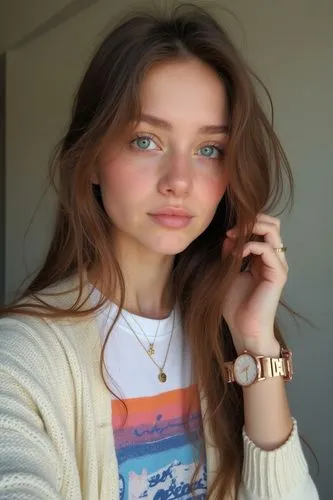 

The image is a vibrant and artfully composed selfie taken by an amateur photographer, showcasing the natural beauty of a young woman. The girl has long, chestnut brown hair that tumbles down her bac