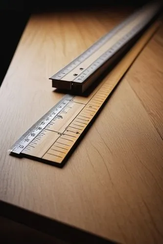 Architectural ruler, wooden ruler, worn edges, precise measurements, drafting table, studio lighting, modern interior, minimal decoration, empty space, 3/4 composition, shallow depth of field, straigh