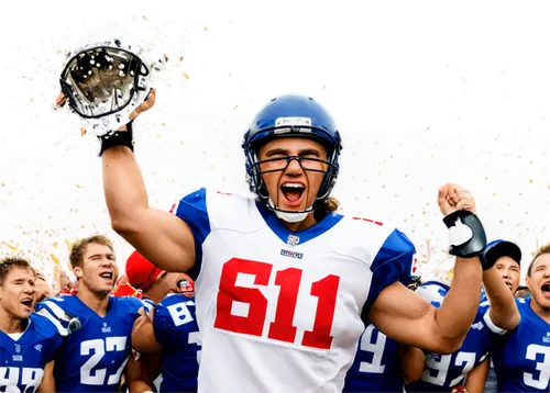 American football players, stadium scene, daytime, sunny weather, cheering crowd, athletic uniforms, helmets, shoulder pads, muscular arms, excited facial expressions, holding trophy, confetti falling