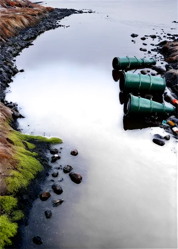 Polluted water, oil spill, dark brown liquid, trash floating, plastic bottles, dead fish, seaweed-covered rocks, dirty foam, industrial pipes, metal drums, rusty machinery, gloomy atmosphere, low-key 