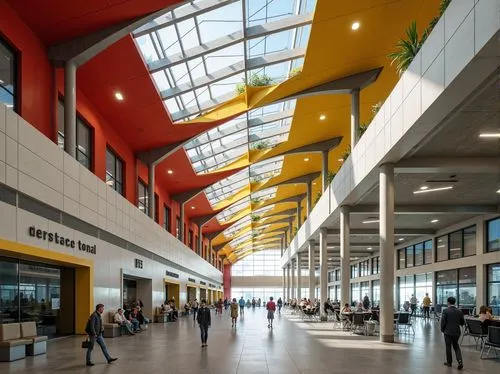 Functionalist airport terminal, modernist architectural style, primary color palette of bold red, yellow, and blue, secondary color scheme of neutral beige, gray, and white, industrial materials of st