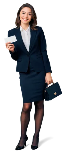 Businesswoman, networking event, solo, (25yo), confident smile, professional hairstyle, formal makeup, black blazer, white blouse, high-waisted pencil skirt, stockings, high heels, holding business ca