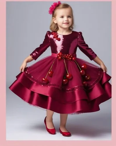 3d fashion drawing for satin dress for kids with sequin burgundy blouse 
 with three layers kalosh 
First layer is   pink with cherries with cherry belt with silver  sequin lines of cherries 
Second l