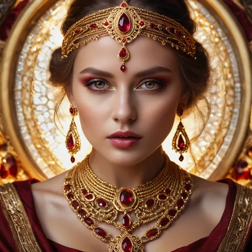 fantasy portrait, Golden threads, gold jewelry with red rubies, mysterious eyes in light brown
,gold jewelry,cleopatra,diadem,gold crown,golden crown,bridal jewelry,priestess,jewelry,golden mask,jewel