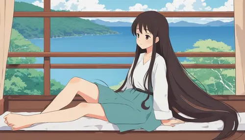 koto,tea zen,long-haired hihuahua,azusa nakano k-on,tsumugi kotobuki k-on,window sill,kimono,sitting,girl sitting,mukimono,sitting on a chair,honolulu,torii,relaxed young girl,peaceful,nori,scenery,sanya,japanese background,long hair,Illustration,Japanese style,Japanese Style 06