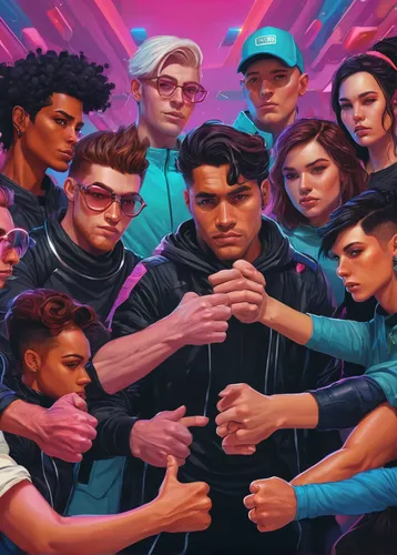 team-spirit,community connection,vector people,workforce,80s,unite,group of people,cg artwork,cyberpunk,dystopian,workers,sci fiction illustration,revolt,city youth,unity,would a background,desktop wallpaper,teens,neon arrows,art,Conceptual Art,Fantasy,Fantasy 14