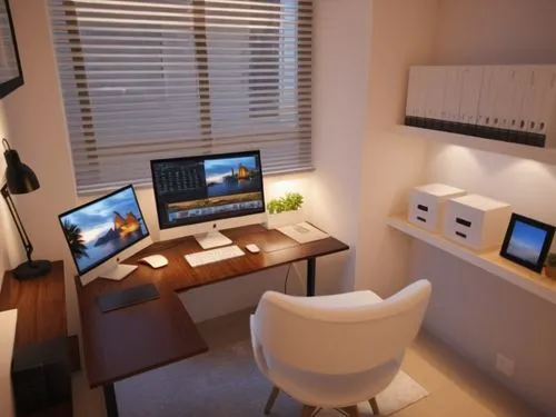 an office has two computer screens and a laptop on a desk,modern room,modern office,smartsuite,computer room,3d rendering,habitaciones,Photography,General,Realistic