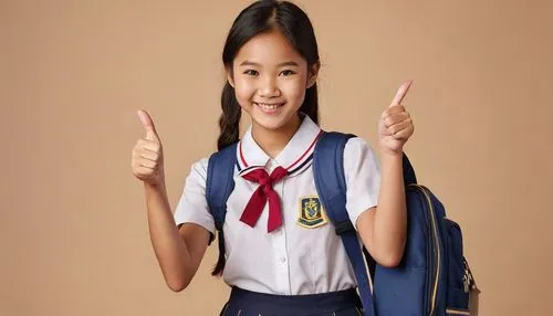 Happy  cute beautiful Asian student schoolgirl do thumbs up wearing school uniform holding books and bag standing isolated over beige background, Studio shot, Education concept.,correspondence courses