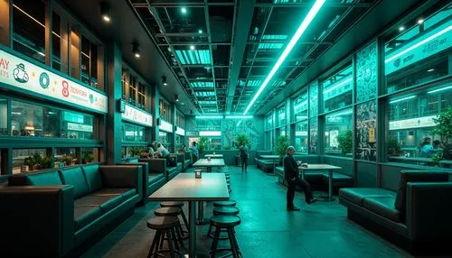 Neon-lit futuristic diner, metallic silver accents, vibrant electric blue hues, luminescent green lights, dark polished concrete floors, minimalist modern furniture, sleek chrome details, holographic 