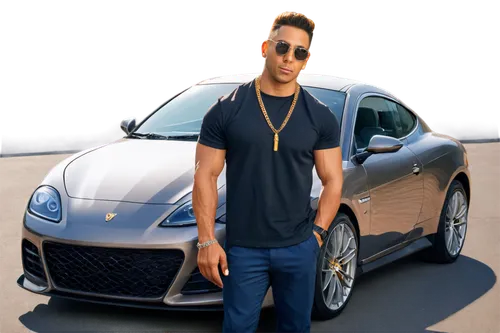 Man, muscular build, athletic wear, bold hairstyle, sunglasses, gold chain necklace, smug facial expression, leaning against luxurious sports car, one hand in pocket, other holding cigarette, confiden