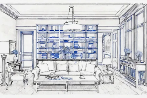 china cabinet,blueprint,blue room,study room,house drawing,breakfast room,blueprints,cabinetry,blue and white porcelain,dining room,pantry,frame drawing,an apartment,reading room,renovation,cabinets,watercolor tea shop,kitchen design,apartment,secretary desk,Unique,Design,Blueprint