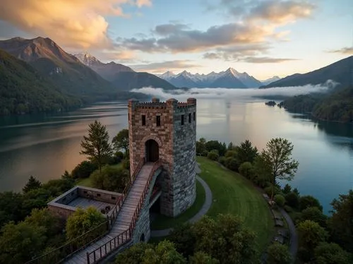 Watchtower, rugged stone walls, fortified structure, majestic mountain range, serene lake reflection, misty morning atmosphere, lush green forests, winding hiking trails, wooden observation decks, rus