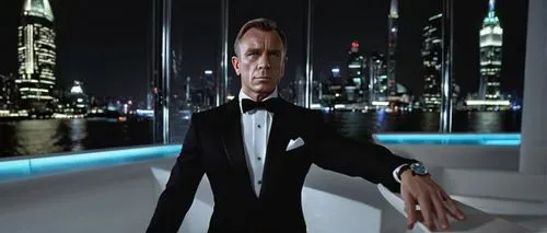 James Bond, mature man, formal wear, black tuxedo, white shirt, bow tie, omega watch, slicked back hair, sophisticated facial expression, standing, luxury skyscraper, modern cityscape, nighttime, city