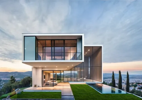 Que se desplaze y acerque al volumen, movimiento en el agua y de las personas,this home has a high rise overlooking the city,modern architecture,modern house,cubic house,cube house,glass wall,cantilev