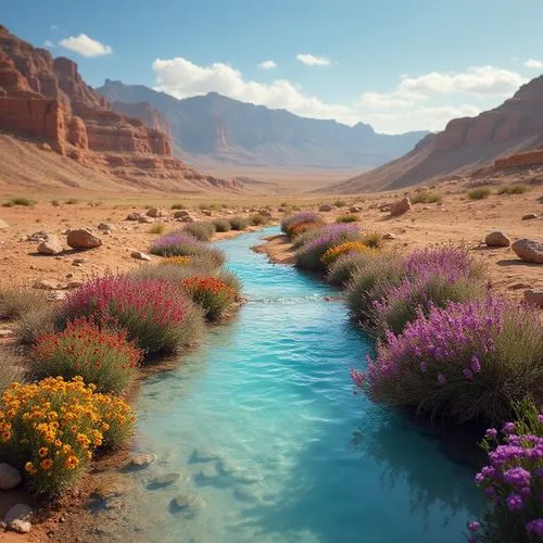 flowerful desert,desert landscape,river landscape,desert desert landscape,flower water,beautiful landscape