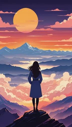 mountain sunrise,silhouette art,woman silhouette,alpine sunset,travel poster,map silhouette,dusk background,meteora,the spirit of the mountains,little girl in wind,sunset,silhouette,mountain world,sci fiction illustration,the horizon,studio ghibli,art silhouette,sunset glow,the sun has set,moana,Illustration,Japanese style,Japanese Style 06