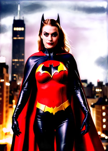 DC Comics, superhero, Batman, Batgirl, or Harley Quinn, dynamic pose, cape flowing, muscular arms, determined facial expression, cityscape background, Gotham City, dark tone, high contrast, cinematic 