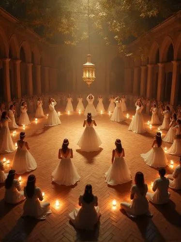 Create a serene and spiritual space for a Sufi dance (Sama). Design a large circular main area with a soft wooden floor for dancers to rotate freely. At the center, place a gentle lantern or large can