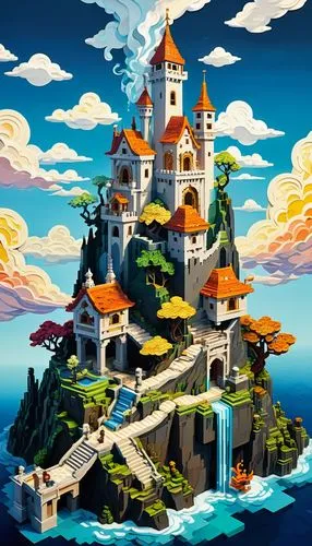 fairy tale castle,fairytale castle,fantasy world,fantasy city,water castle,3d fantasy,bird kingdom,knight's castle,castles,castle,disney castle,gold castle,monkey island,castel,house of the sea,flying island,studio ghibli,atlantis,citadel,mushroom island,Unique,Pixel,Pixel 03