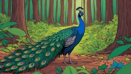 Create an elegant peacock in a peaceful forest.,male peacock,peacock,blue peacock,fairy peacock,peacocks carnation,cassowary,peafowl,bird painting,bird illustration,an ornamental bird,nature bird,land