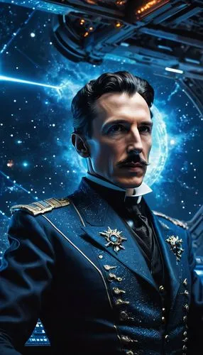 Nikola Tesla, many stars, high-tech interstellar multi-level warship, glowing blue light, super-developed by powerful unknown race, Eagle Nebula, Nikola Tesla, in the ship's control room,a man with a 