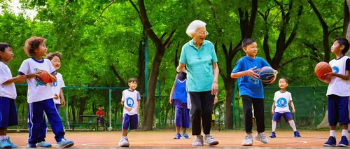 In a beautiful park, describe a peaceful moment where an elderly person teaches a group of children how to dribble a basketball.,outdoor basketball,youth sports,disabled sports,sports center for the e