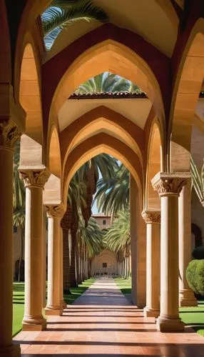 stanford university,archways,cloister,stanford,caltech,arches,peristyle,porticos,three centered arch,porticoes,cloistered,arcaded,quadrangle,breezeway,courtyards,palmilla,auc,alcazar of seville,colonnades,archway,Illustration,Paper based,Paper Based 22