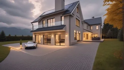 a house with an automobile in front of it, in the style of solarizing master, dark gray and light beige, atmospheric ambience, tenwave,3d rendering,modern house,smart home,luxury home,luxury property,