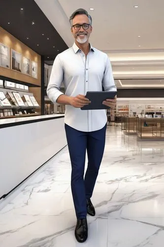 Middle-aged, male, architectural design consultant, standing, Westfield mall interior, modern minimalist background, marble flooring, sleek glass railings, steel beams, warm lighting, daytime, busines