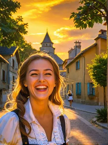 A 30-year-old French maid laughing her head off on the street.,a woman wearing a skirt smiling as she walks down the street,shipka,francophile,girl in a historic way,a girl's smile,medjugorje,french d